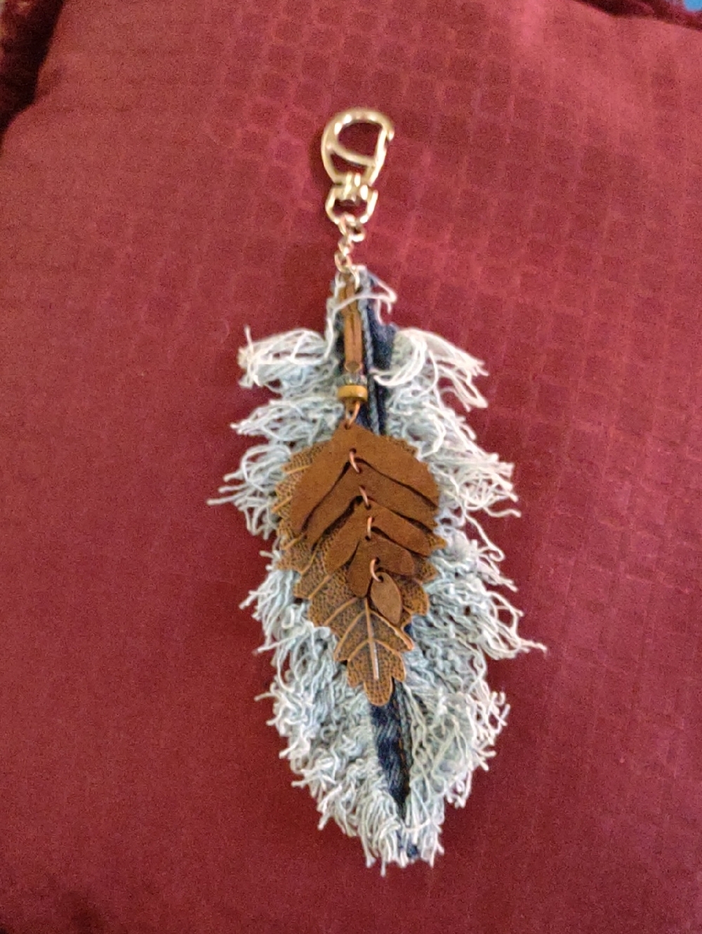 Handmade jean And Wood Feather Keychain